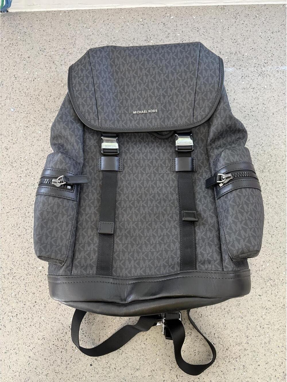 Michael Kors Black Monogram Logo Backpack with Leather Trim